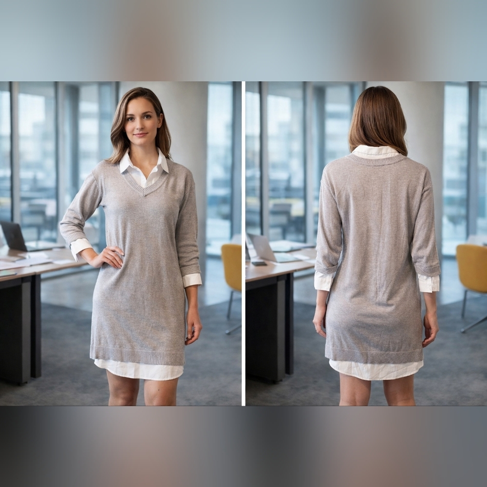 VENUS‎ White and Gray V-Neck Dress